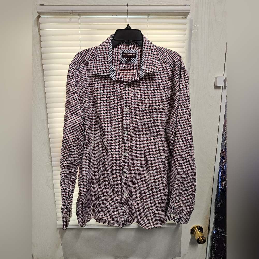 Johnston & Murphy Shirt Mens Large Houndstooth Red Blue Button Up Flip Cuff